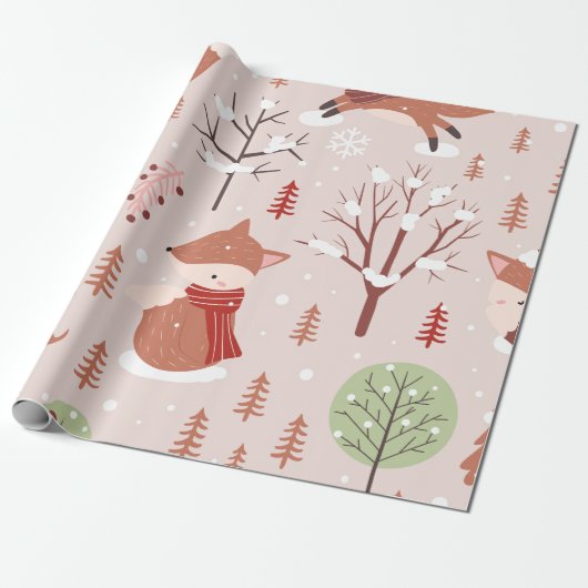 Elegant Classic kerstboom Fox Patroon Cadeaupapier (Uitgerold)