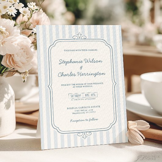 Elegant Classic Light Blue Beige Striped Wedding Kaart