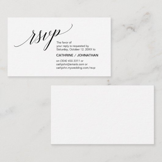 Elegant Classic minimaal, zwart script, RSVP Informatiekaartje (Voorkant / Achterkant)