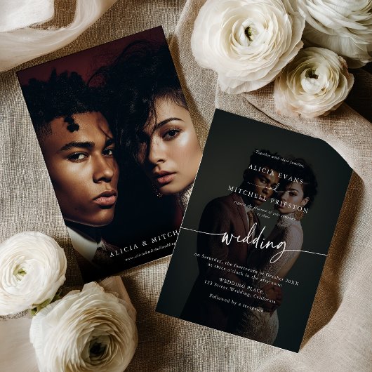 Elegant Classic Minimalist Script Wedding 2 Photo Kaart