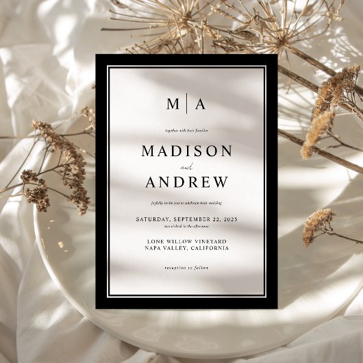 Elegant Classic Monogram Black and White Wedding Kaart