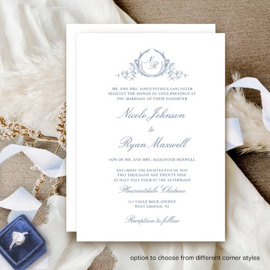 Elegant Classic Monogram Dusty Blue Wedding Kaart