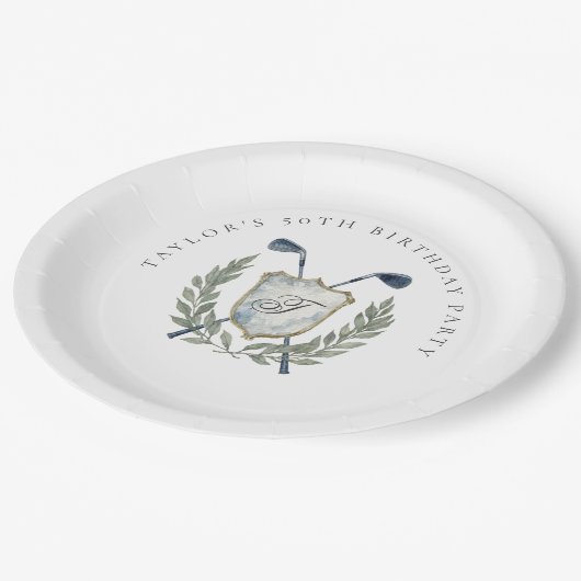 Elegant Classic Monogram Golf Crest Birthday Party Papieren Bordje (Gekanteld)