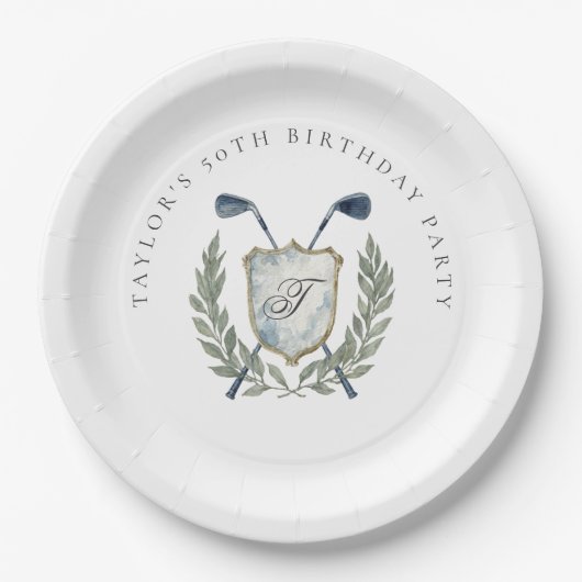 Elegant Classic Monogram Golf Crest Birthday Party Papieren Bordje (Voorkant)