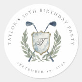 Elegant Classic Monogram Golf Crest Birthday Party Ronde Sticker (Voorkant)