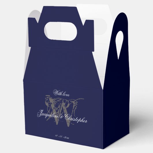 Elegant Classic Monogram & Names Navy Blue Wedding Bedankdoosjes (Geopend)