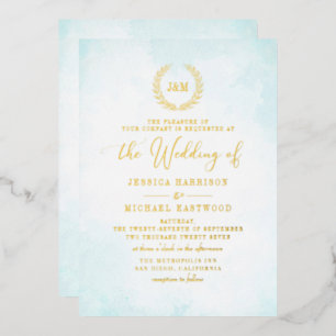 Elegant Classic Monogram Turquoise Gold Wedding Folie Uitnodiging
