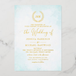 Elegant Classic Monogram Turquoise Gold Wedding Folie Uitnodiging