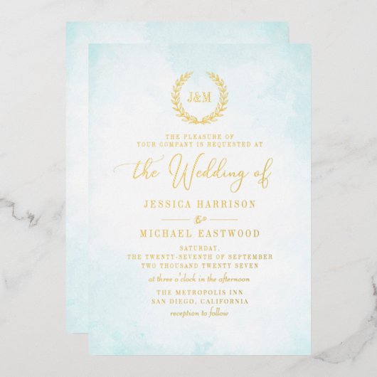 Elegant Classic Monogram Turquoise Gold Wedding Folie Uitnodiging (Voorkant / Achterkant)