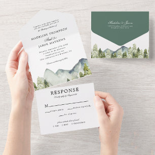 Elegant Classic Mountain Forest Waterverf Bruiloft All In One Uitnodiging