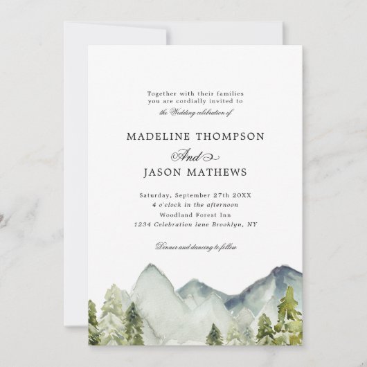 Elegant Classic Mountain Forest Waterverf Bruiloft Kaart (Voorkant)