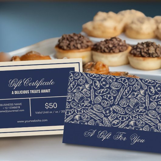 Elegant Classic Navy Blue Bakery Pattern Gift Card Visitekaartje