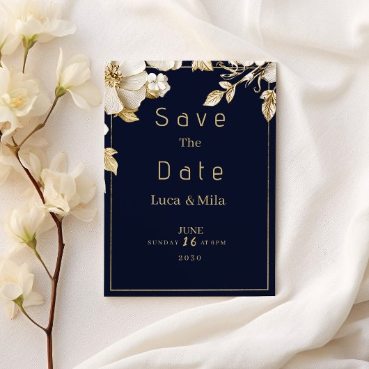 Elegant classic navy blue gold flora Save the Date Kaart