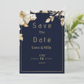Elegant classic navy blue gold flora Save the Date Kaart (Staand voorkant)