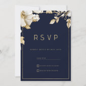 Elegant classic navy blue gold floral RSVP Kaart (Voorkant)