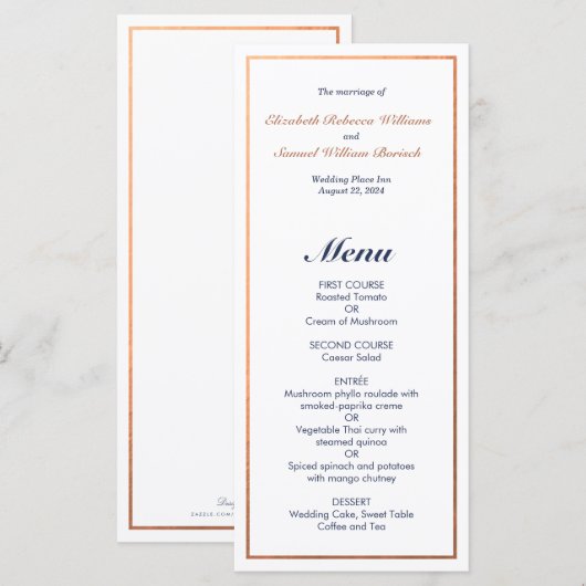 Elegant Classic Navy Faux Copper Wedding Menu (Voorkant / Achterkant)