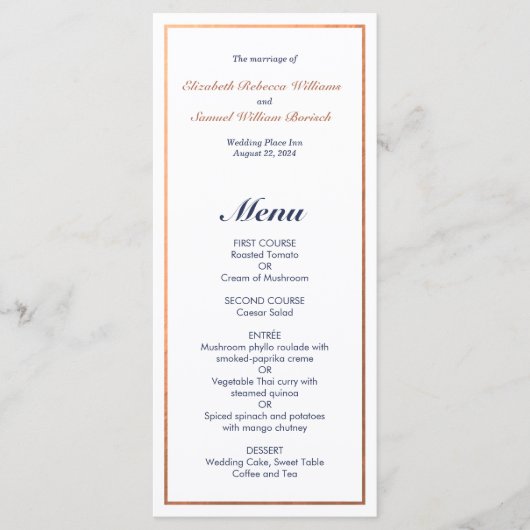 Elegant Classic Navy Faux Copper Wedding Menu (Voorkant)
