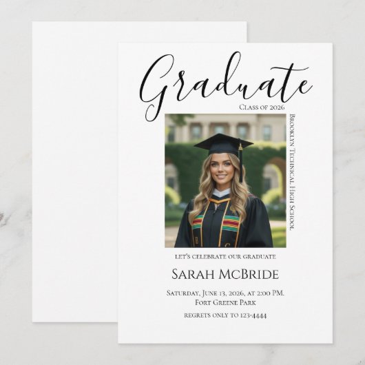 Elegant Classic One Photo Graduation Invitation Kaart (Voorkant / Achterkant)