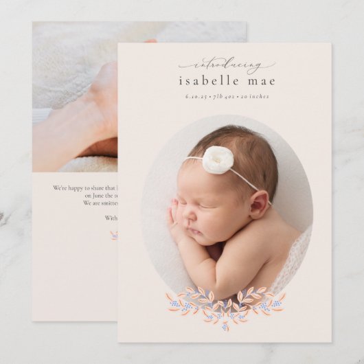 Elegant Classic Oval Photo Birth Announounter Kaart (Voorkant / Achterkant)