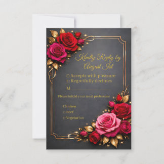 Elegant Classic Red Pink Roses Golden Kindly Reply RSVP Kaartje