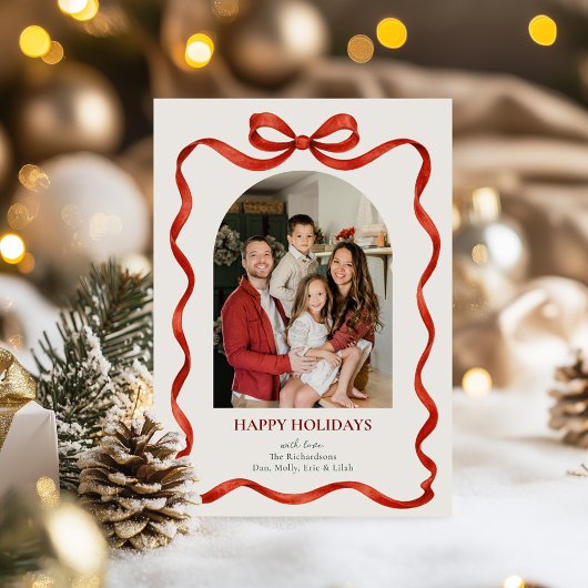 Elegant Classic Red Ribbon Holiday Photo Card Feestdagenkaart