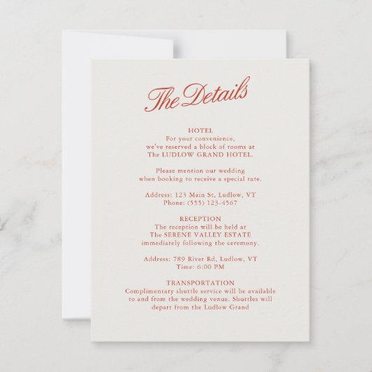 Elegant Classic Rood & Ivoor Wedding Details Kaart (Voorkant)
