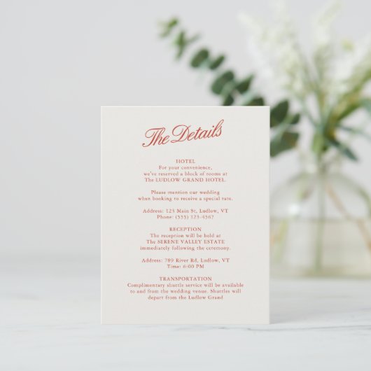 Elegant Classic Rood & Ivoor Wedding Details Kaart (Staand voorkant)