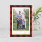 Elegant Classic Rood Plaid Goud Lijst Foto Feestdagenkaart (Staand voorkant)