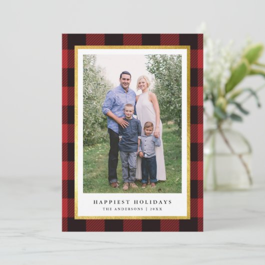 Elegant Classic Rood Plaid Goud Lijst Foto Feestdagenkaart (Staand voorkant)