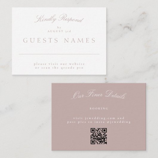 Elegant Classic Roze Taupe Bruiloft QR CODE RSVP Notitiekaartje (Voorkant / Achterkant)