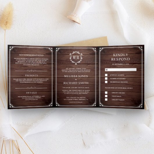 Elegant Classic Rustic Barn Wood Monogram Weddensc Drieluik Uitnodiging