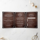 Elegant Classic Rustic Barn Wood Monogram Weddensc Drieluik Uitnodiging (Binnen)
