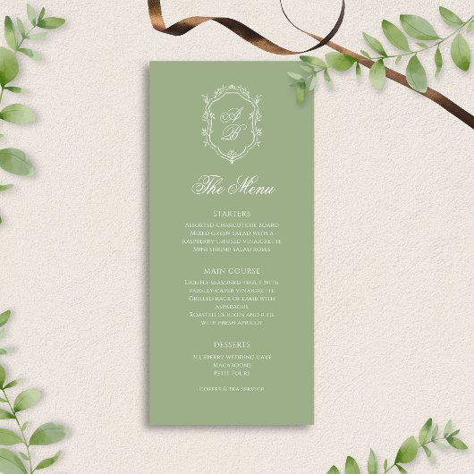 Elegant Classic Sage Green Monogram Crest Wedding Menu