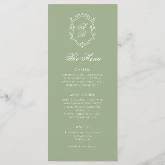 Elegant Classic Sage Green Monogram Crest Wedding Menu (Voorkant)