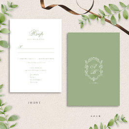 Elegant Classic Sage Green Monogram Crest Wedding RSVP Kaartje