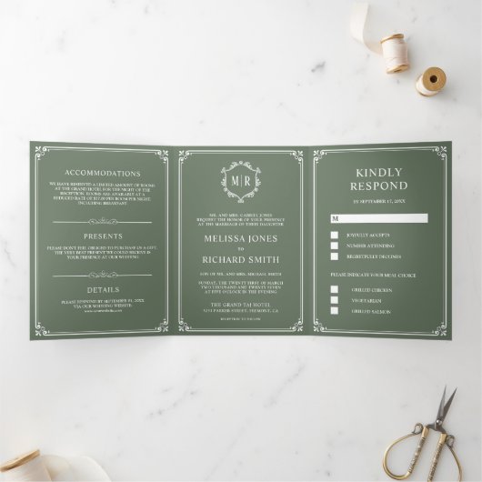 Elegant Classic Sage Green Monogram Weddenschap Drieluik Uitnodiging (Binnen)