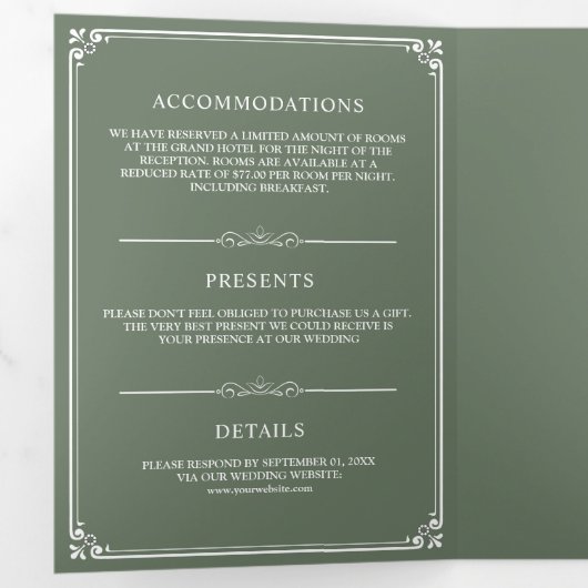 Elegant Classic Sage Green Monogram Weddenschap Drieluik Uitnodiging (Binnenzijde eerst)