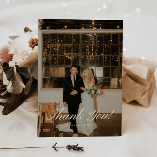 Elegant Classic Script Wedding Photo Bedankkaart