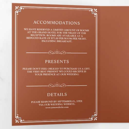Elegant Classic Terracotta Monogram Weddenschap Drieluik Uitnodiging (Binnenzijde eerst)