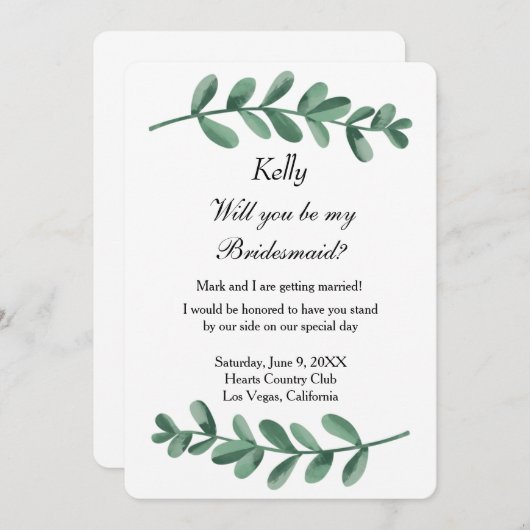 Elegant Classic Waterverf Green leest Bridesmaid Kaart (Voorkant / Achterkant)