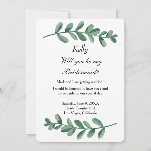 Elegant Classic Waterverf Green leest Bridesmaid Kaart (Voorkant)
