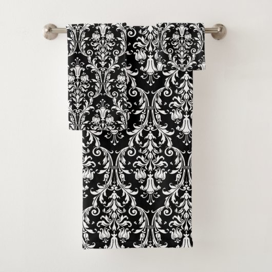 Elegant Classic White Floral Damask op Black Bad Handdoek (Insitu)
