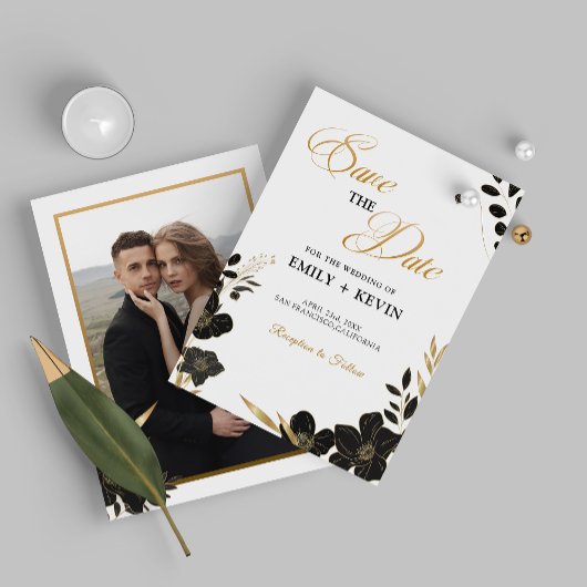 Elegant Classic Zwart-wit, Bloemen, Foto Save The Date