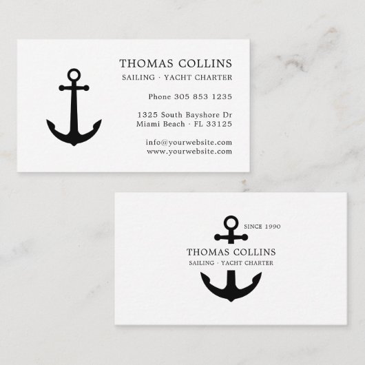 Elegant Classic Zwart Wit Nautisch Anker Logo Visitekaartje (Voorkant / Achterkant)