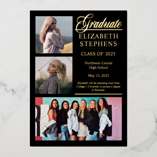 Elegant Classy 3 Foto Afstuderen Afstuderen Black Folie Uitnodiging (Voorkant)