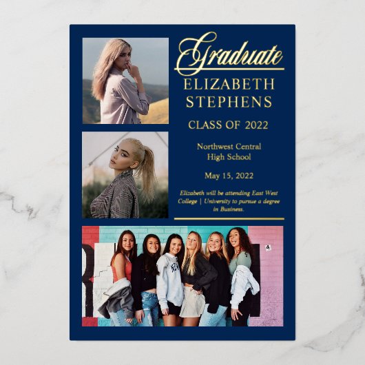 Elegant Classy 3 Foto Afstuderen Afstuderen blauw Folie Uitnodiging (Voorkant)