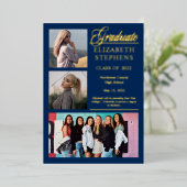Elegant Classy 3 Foto Afstuderen Afstuderen blauw Folie Uitnodiging (Staand Voorkant)
