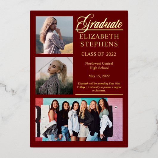 Elegant Classy 3 Foto Afstuderen Maroon Afstuderen Folie Uitnodiging (Voorkant)