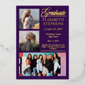 Elegant Classy Afstuderen Paarse Afstuderen 3 Foto Folie Uitnodiging (Voorkant)