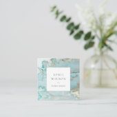 ELEGANT CLASSY AQUA DUSKY BLUE GOLD AGATE GEODE SQ VIERKANTE VISITEKAARTJE (Staand voorkant)